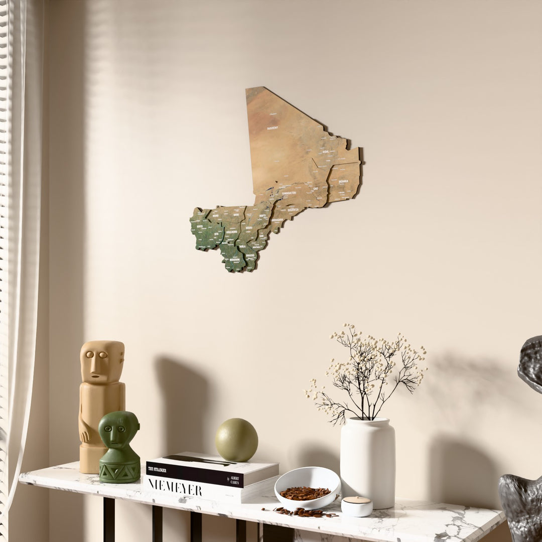 Satellite Mali wooden wall map beside a sheer curtain, angled view