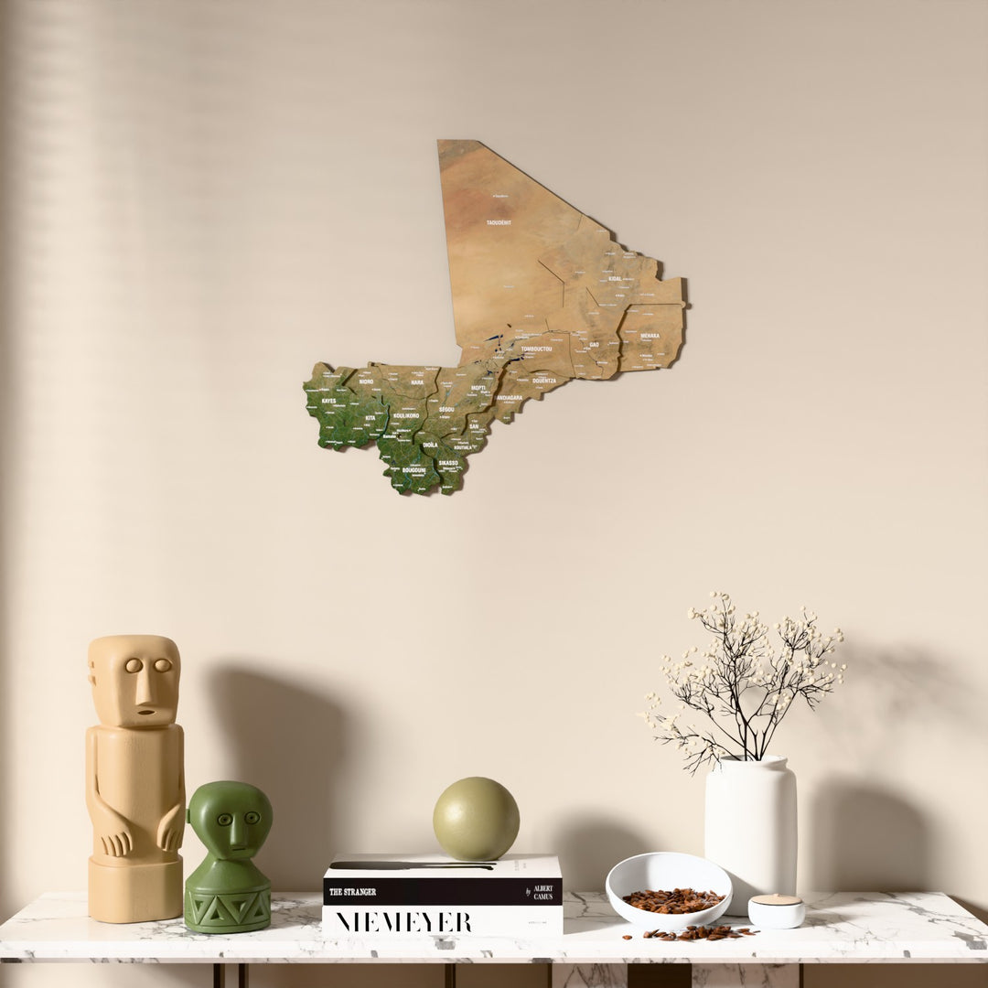 Satellite Mali wooden wall map above a marble console, front view