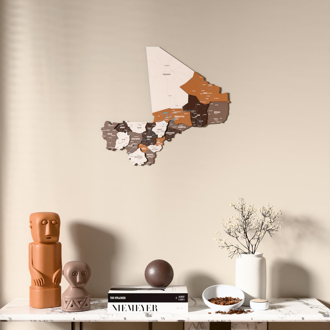 Soil Mali wooden wall map above a marble console, front view