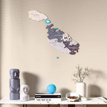 Nimbus Malta wooden wall map above a marble console, front view