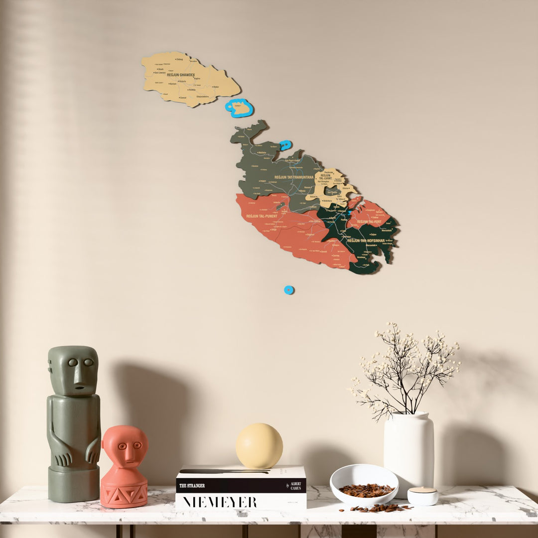 Sage Malta wooden wall map above a marble console, front view