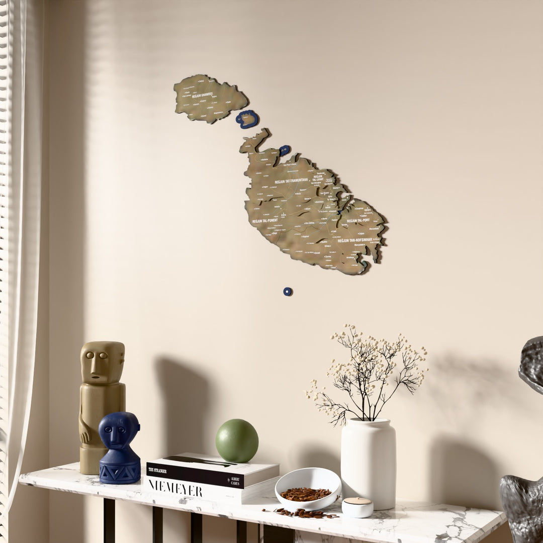 Satellite Malta wooden wall map beside a sheer curtain, angled view