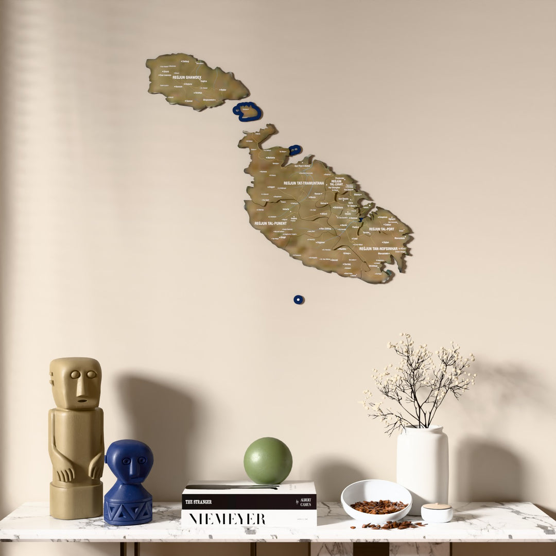 Satellite Malta wooden wall map above a marble console, front view