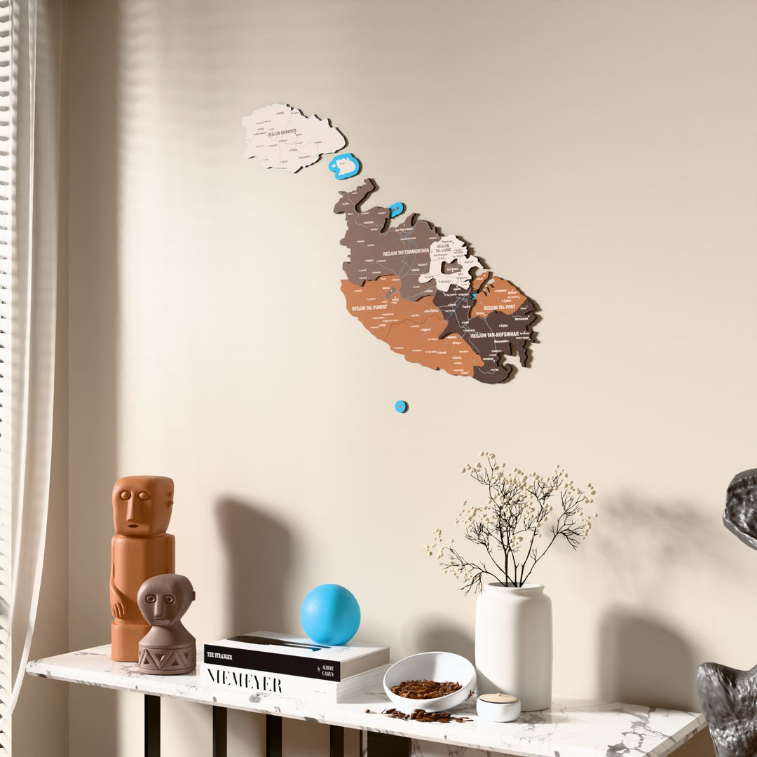 Soil Malta wooden wall map beside a sheer curtain, angled view