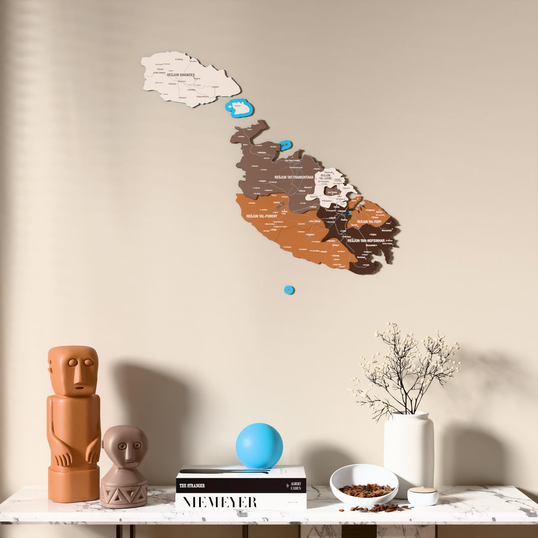 Soil Malta wooden wall map above a marble console, front view