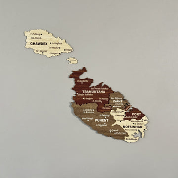 Wooden Malta wall map with town names in brown, gray and cream layers, front view