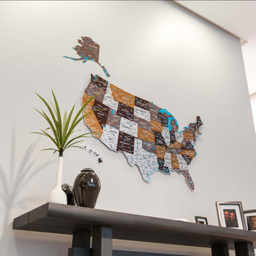 Soil metal United States map seen from a low angle above a dark shelf with a plant