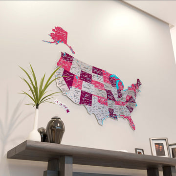 Crimson metal USA wall map angled from the left, with Alaska and Hawaii pieces above a shelf and plant