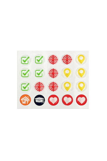 Set of 20 map pins on a backing sheet in green, red, yellow, orange and navy on a white background