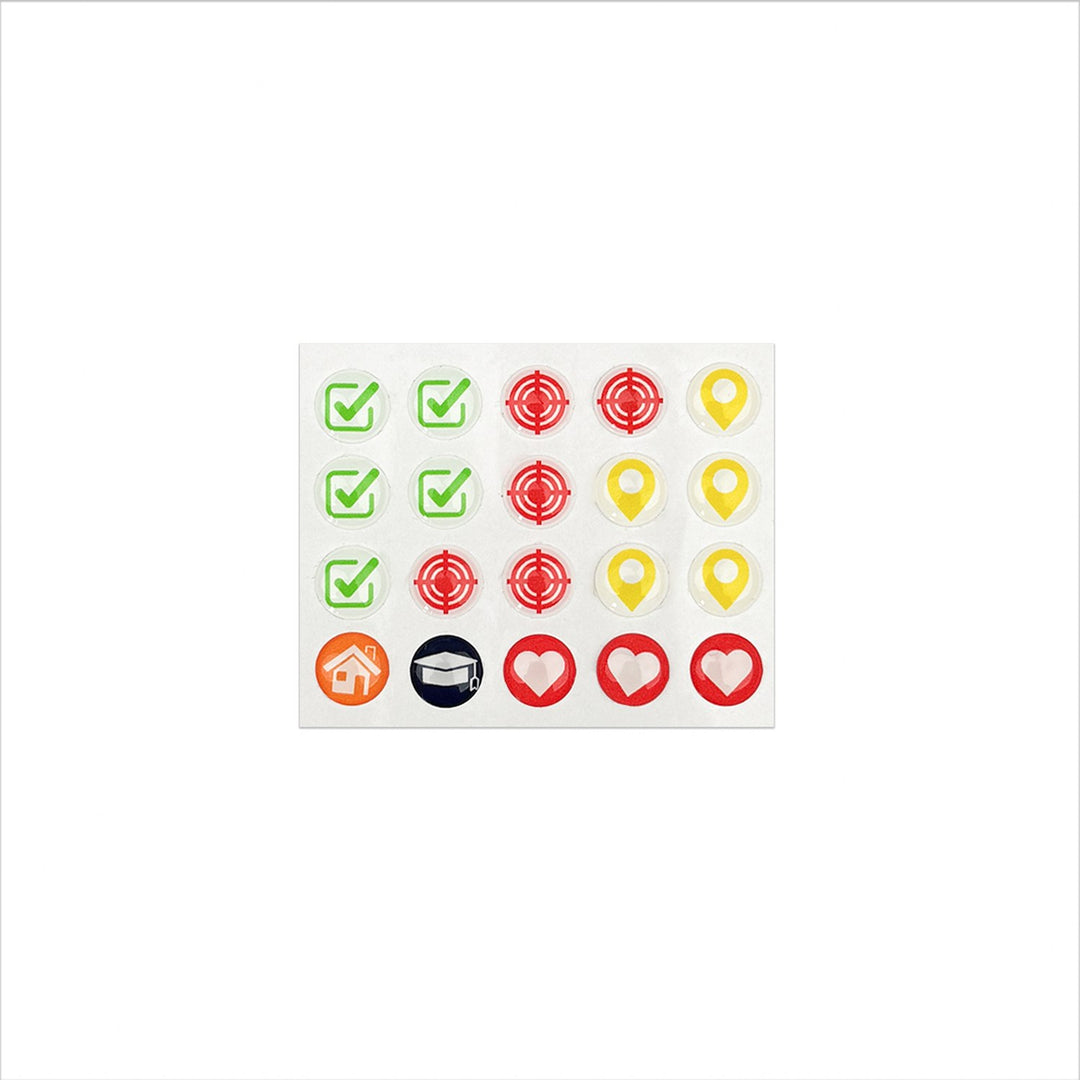 Sheet of 20 round map pins with green check marks, red targets, yellow location markers and hearts