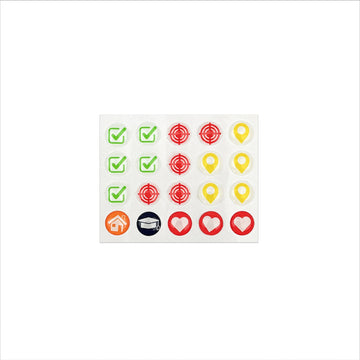 Sheet of 20 round map pins with green check marks, red targets, yellow location markers and hearts