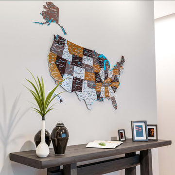 Soil metal USA wall map with Alaska and Hawaii above a console table with framed photos