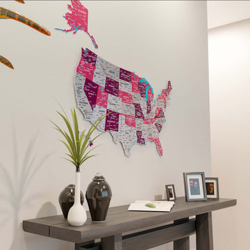 Crimson metal United States map with states in pink, plum and gray, beside a tall plant
