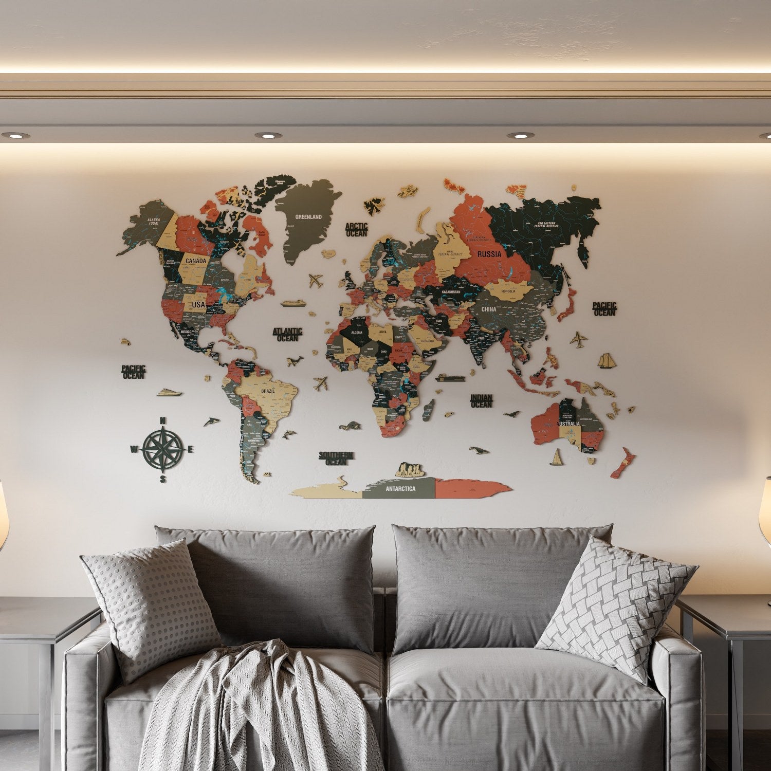 Map of the World Art for Wall, Wood (Sage)