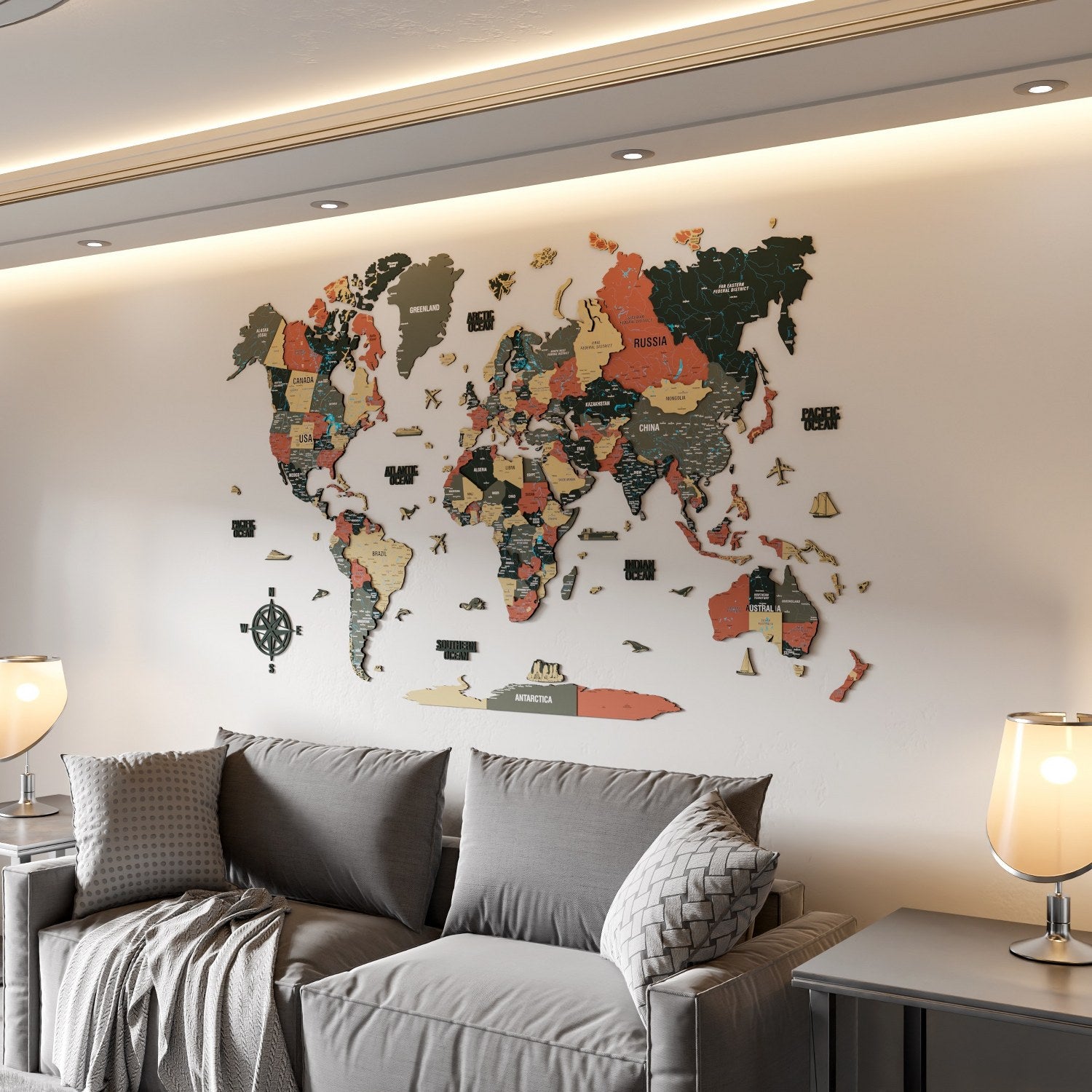 Map of the World Art for Wall, Wood (Sage)