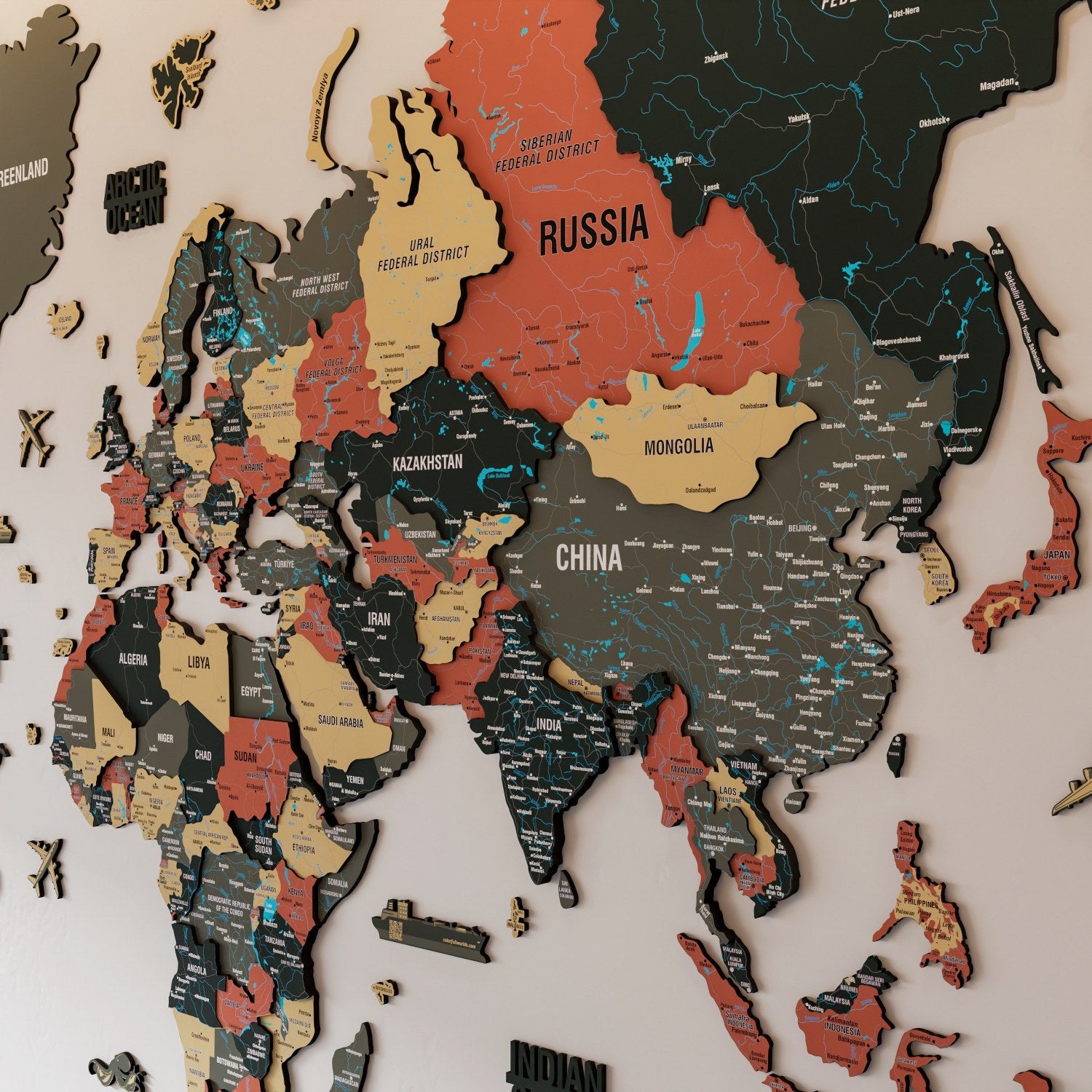 Map of the World Art for Wall, Wood (Sage)