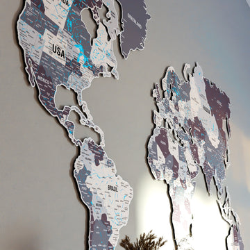 Close-up of the Americas on the Nimbus metal world map, with USA and Brazil in gray and mauve