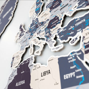 Close-up of Europe and North Africa on the Nimbus metal world map, with Libya, Egypt and Algeria labels