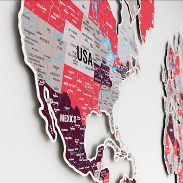 Close-up of the USA and Mexico on the crimson metal world map
