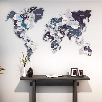 Nimbus metal world map centered above a dark console with two framed photos and a plant
