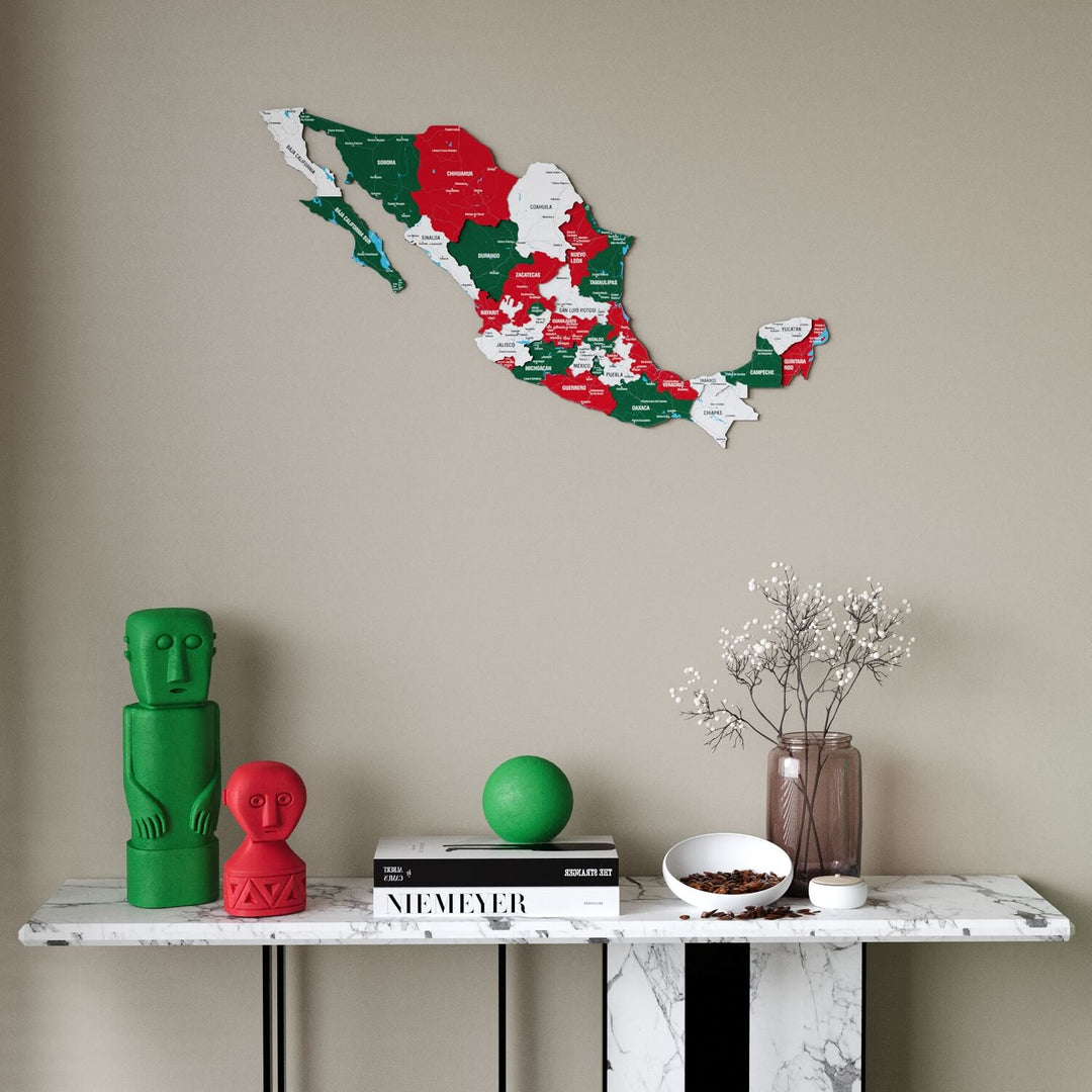Flag color Mexico wooden wall map in green, red and white states above a marble console table, front view