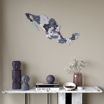 Nimbus Mexico wooden wall map in slate gray and purple tones above a marble console table, front view