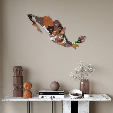 Soil Mexico wooden wall map in brown, rust and cream states above a marble console table, front view