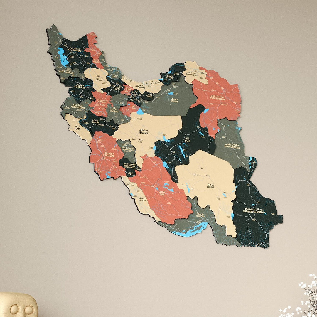 Iran Wooden Wall Map Colorful Flag Edition Decor
