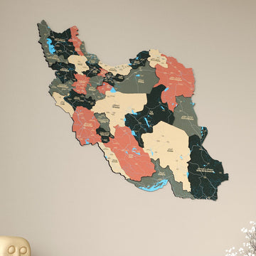 Large tilted view of the Sage Iran wooden wall map, with cream, terracotta and green provinces
