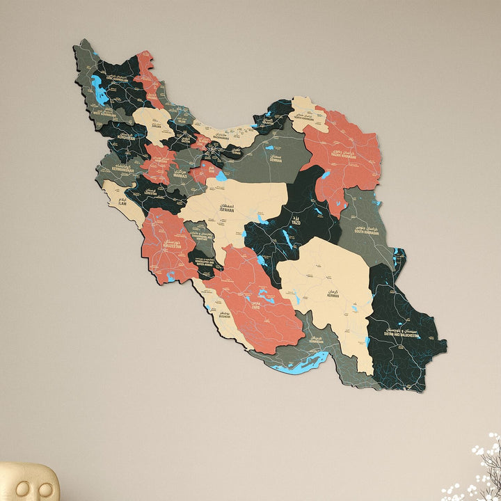 Iran Wooden Wall Map Colorful Flag Edition Decor