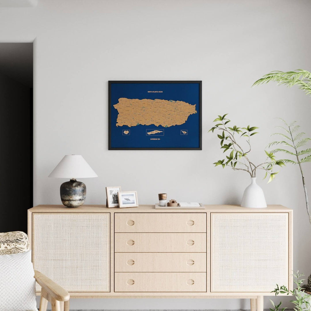 Framed Puerto Rico Cork Wall Map Decor