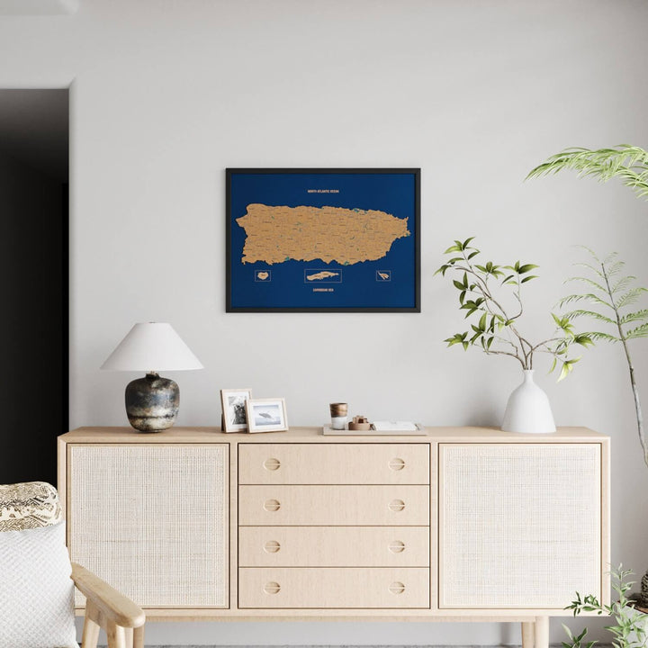 Framed Puerto Rico Cork Wall Map Decor