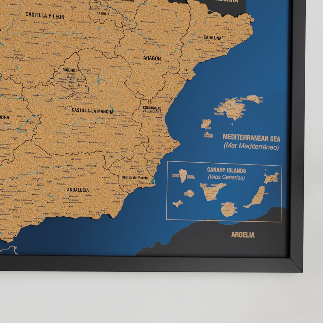 Framed Spain Cork Wall Map Decor