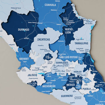 Navy Mexico wooden wall map in shades of blue, close-up of the central states with names