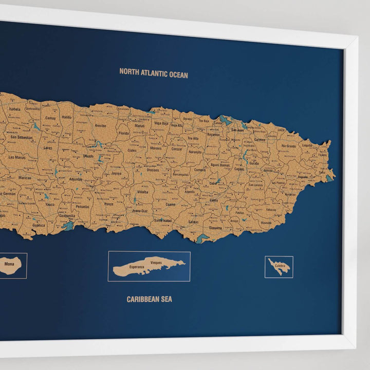 Framed Puerto Rico Cork Wall Map Decor
