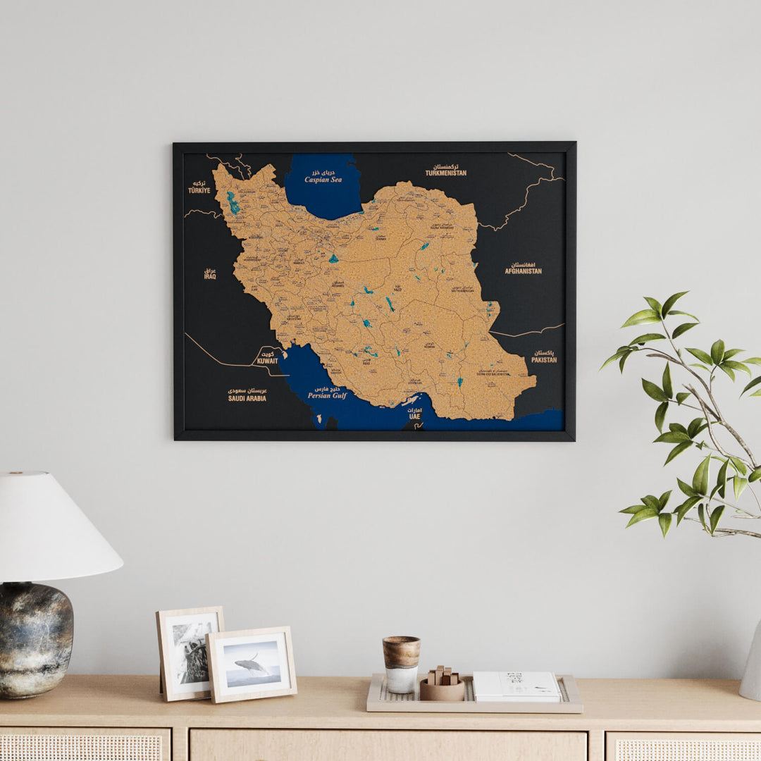 Framed Iran Cork Wall Map Decor