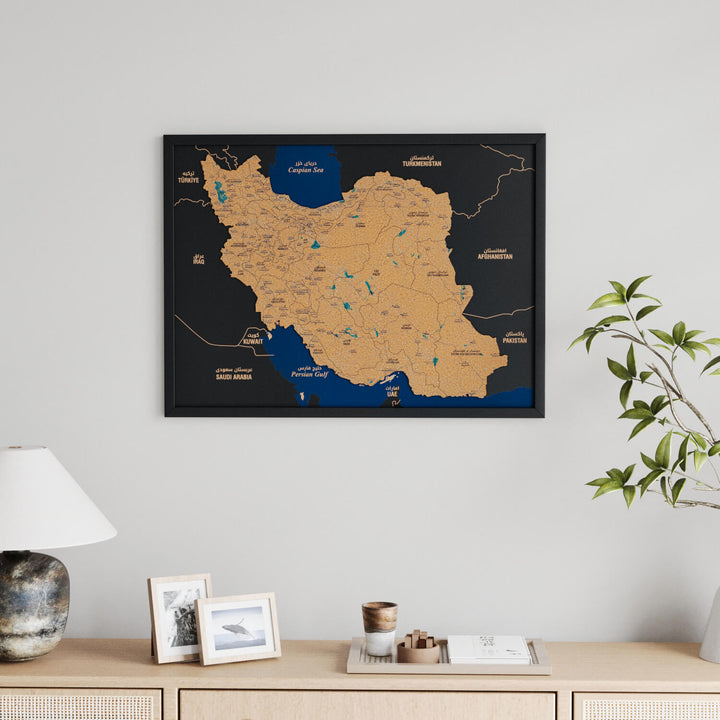 Framed Iran Cork Wall Map Decor