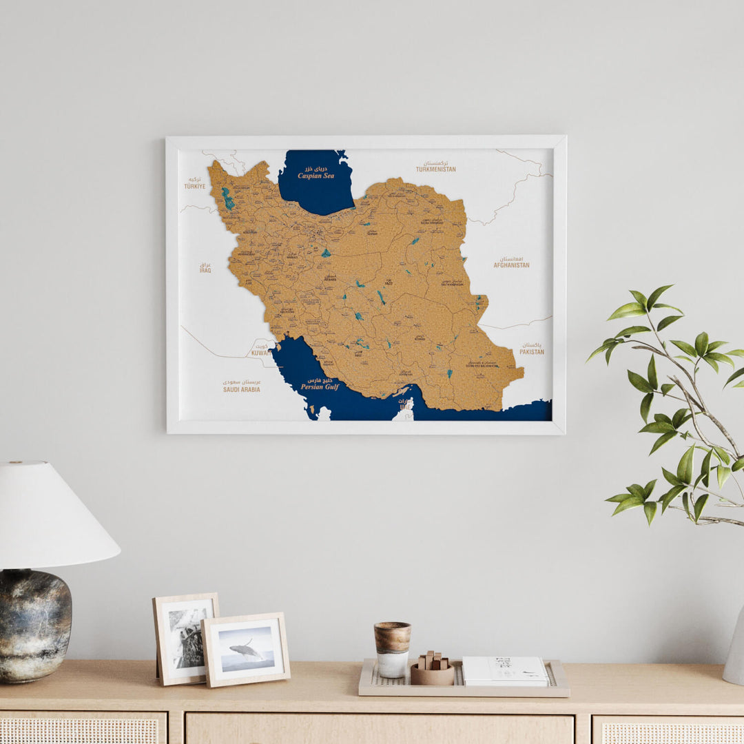 Framed Iran Cork Wall Map Decor
