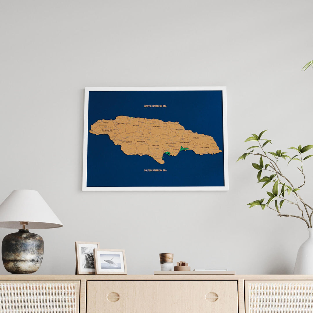 Framed Jamaica Cork Wall Map Decor