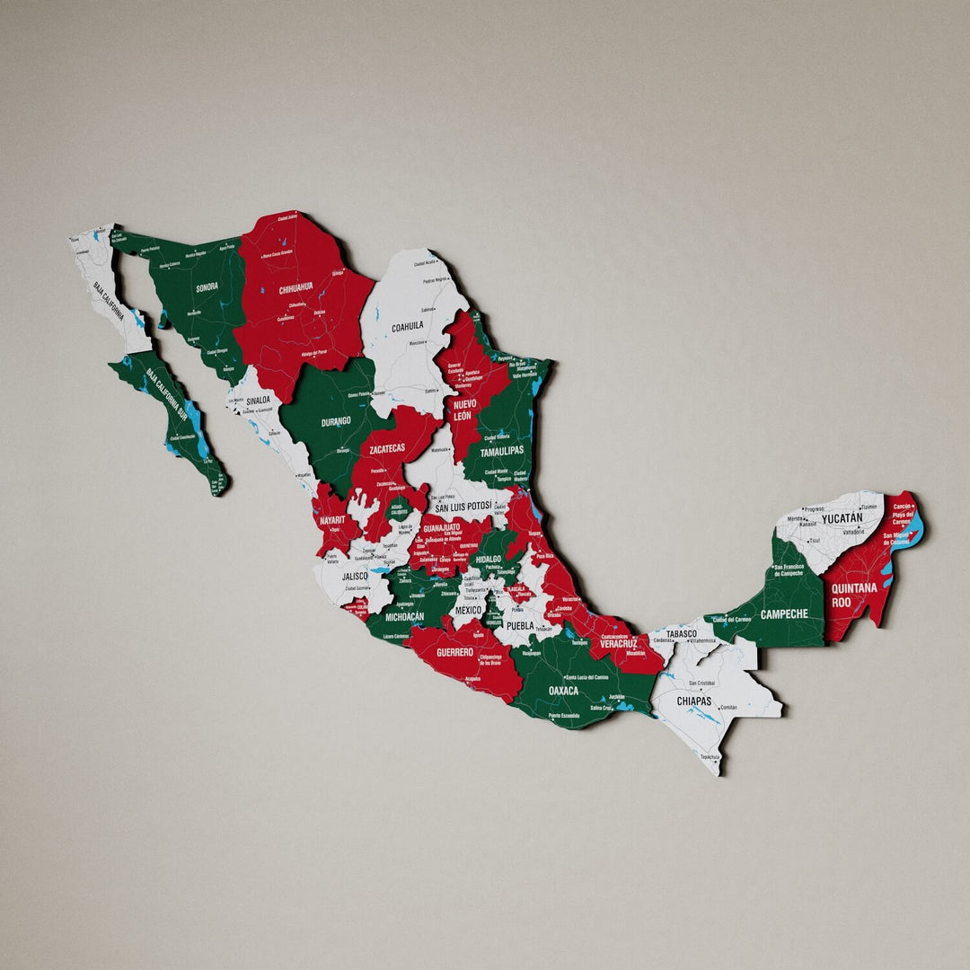 Flag color Mexico wooden wall map in green, red and white states on a beige wall, angled view showing the layered pieces
