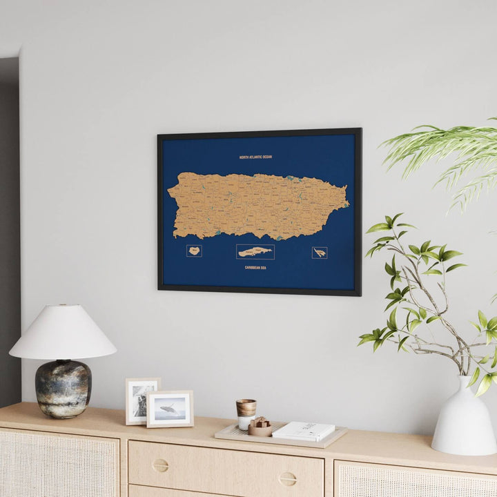 Framed Puerto Rico Cork Wall Map Decor