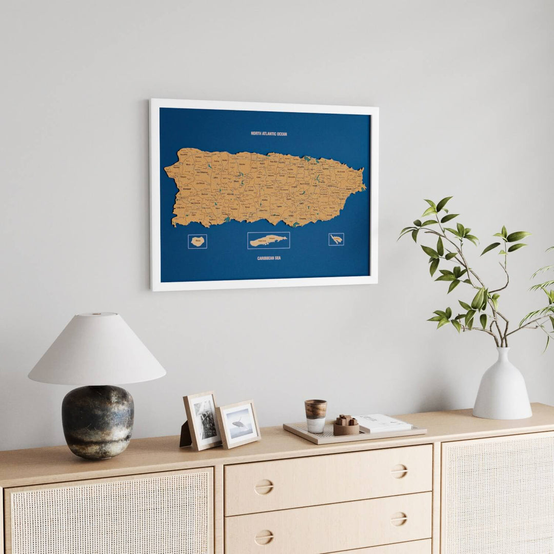 Framed Puerto Rico Cork Wall Map Decor