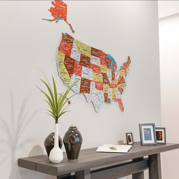 Terracotta metal USA wall map from a slight angle, above a console with a white vase, dark jars and photo frames