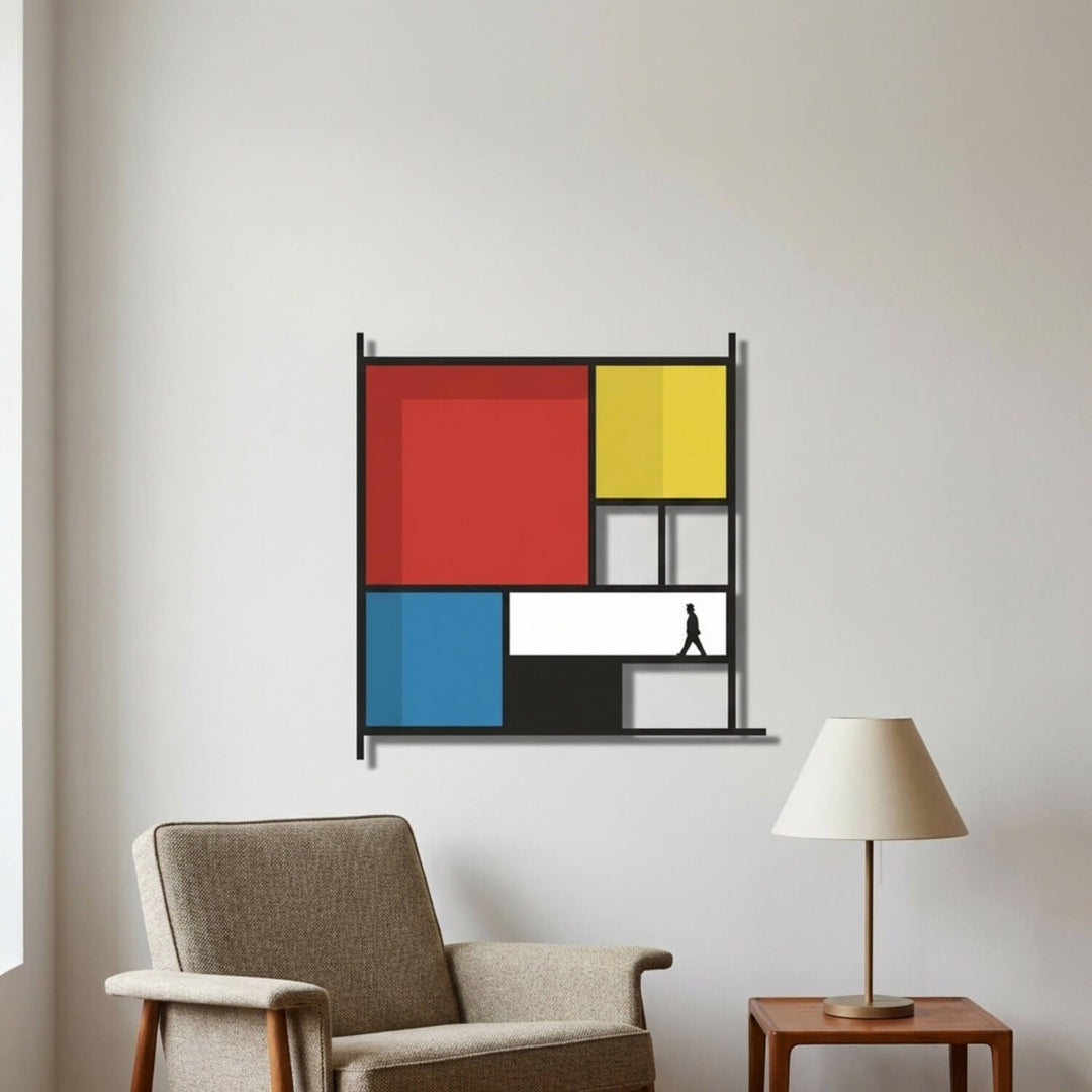 Mondrian-style metal wall art with red, yellow and blue blocks above an armchair and lamp