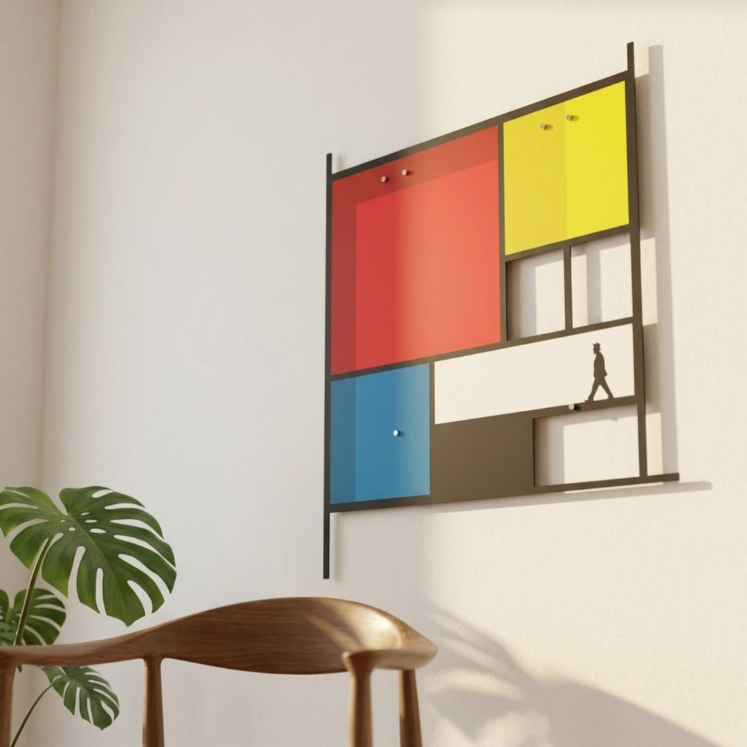 Mondrian-style colour block metal wall art beside a wooden chair and plant