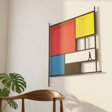 Mondrian-style colour block metal wall art beside a wooden chair and plant
