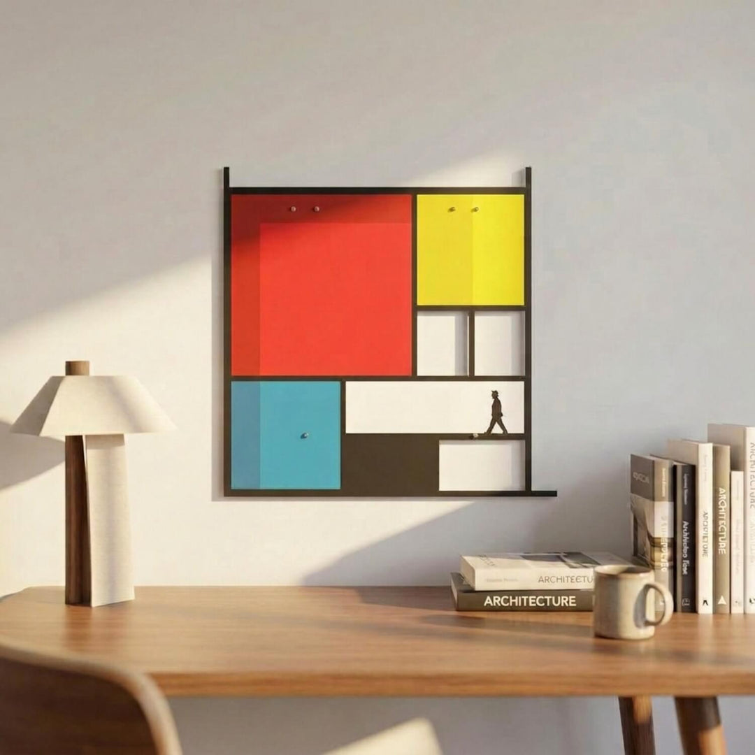 Mondrian-style colour block metal art above a wooden desk with lamp and books