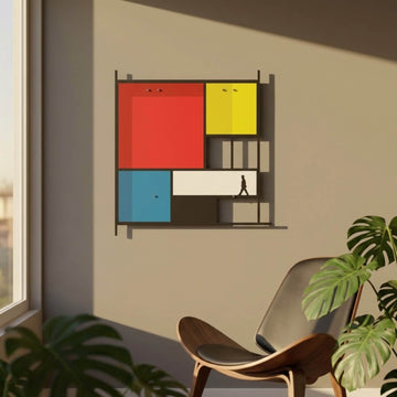 Mondrian-style metal wall art by a window with a leather chair and plant