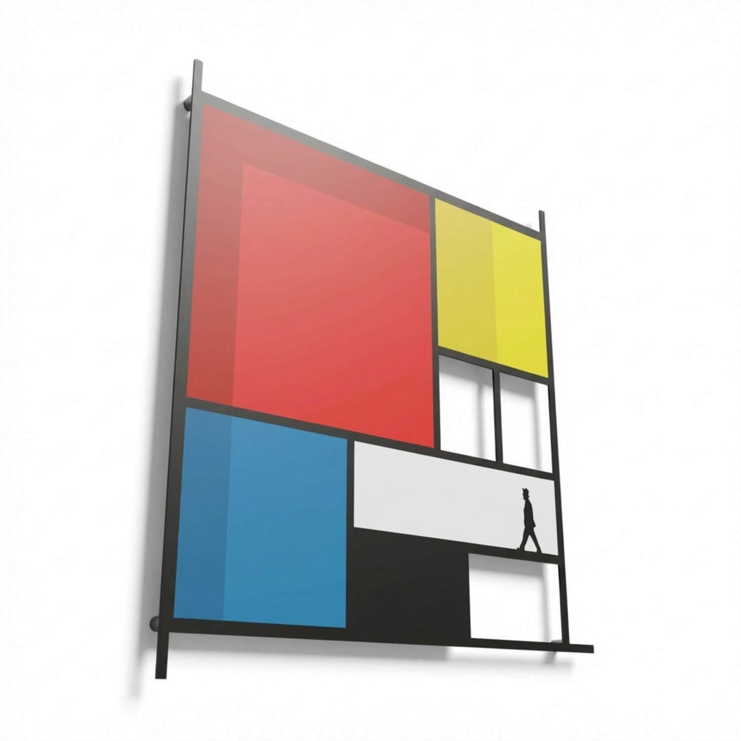 Mondrian-style abstract metal wall art on white, corner angle