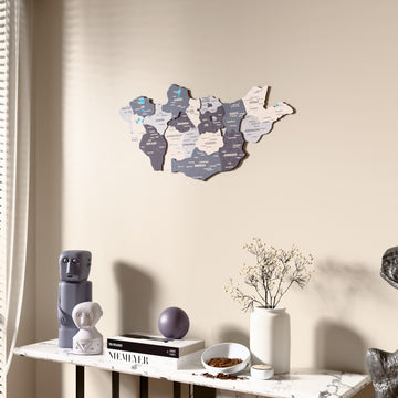 Nimbus Mongolia wooden wall map beside a sheer curtain, angled view